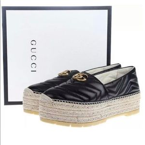 Authentic Gucci Black Leather GG Marmont Platform Espadrilles Size 36.5